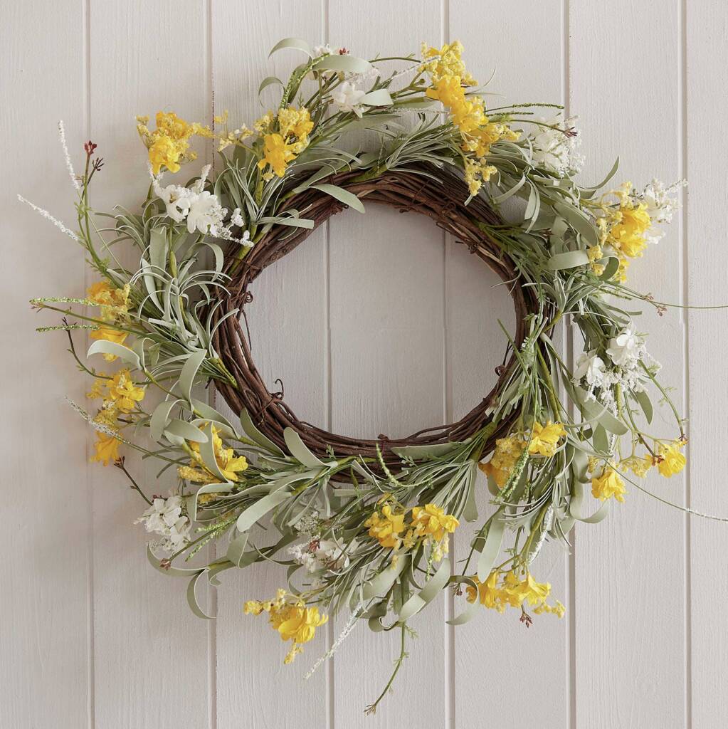 Yellow Artificial Flower Foliage Spring Wreath, 1 of 2