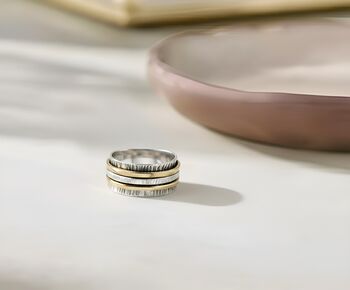 Oxidised Sterling Silver Fidget Spinner Ring With Golden Bands, 2 of 7