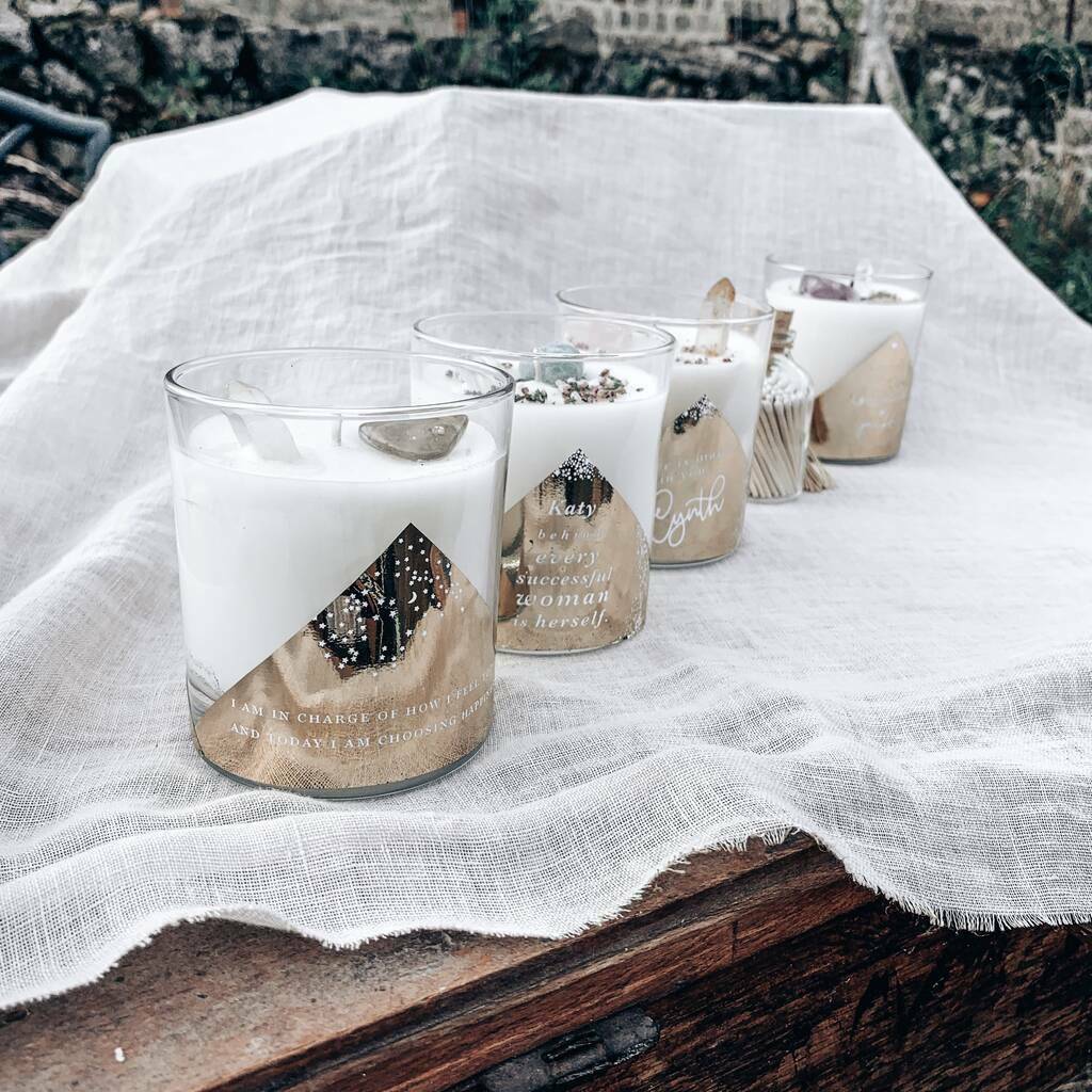 crystal intention candle 'positive affirmation' by coral & moss