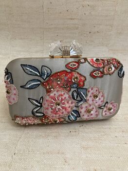 Grey Floral Handcrafted Bow Clasp Clutch Bag, 6 of 6