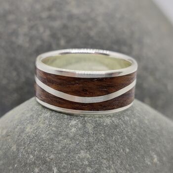 Silver Wave Ring With Dark Oak Inlay, 6 of 10
