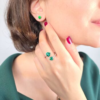 Double Heart Emerald May Birthstone Adjustable Ring, 3 of 5