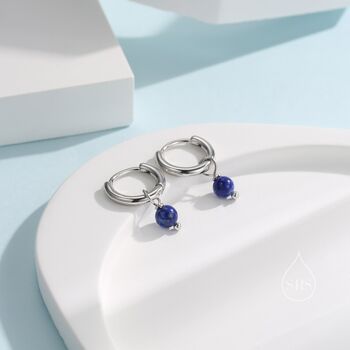 Genuine Lapis Lazuli Bead Huggie Hoop Earrings, 2 of 9