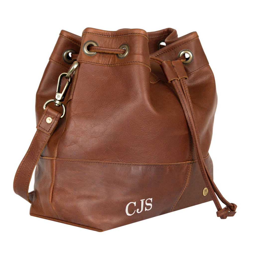Personalised Leather Bucket Bag Drawstring Handbag By MAHI Leather ...