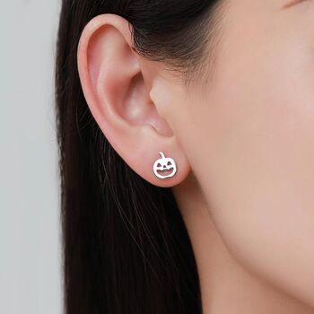 Sterling Silver Mismatched Carved Pumpkin And Ghost Stud Earrings, 6 of 12