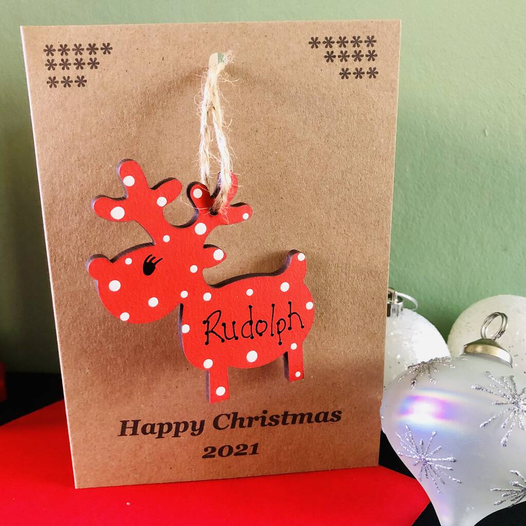Personalised Reindeer Red Christmas Decoration And Card, 1 of 4