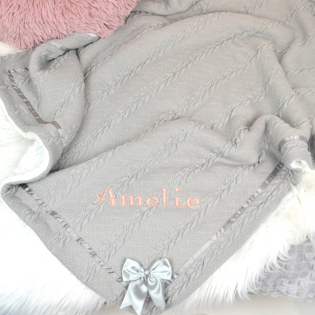 Personalised Knitted Grey Blanket With Bow By D Caro