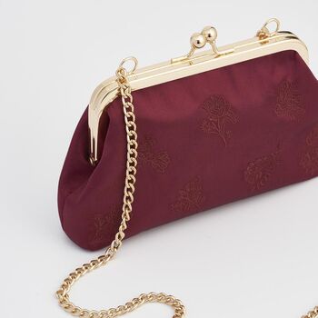 Victoriana Embroidered Burgundy Satin Clutch Bag, 5 of 6