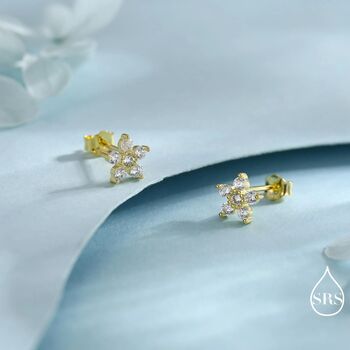 Sparkly Forget Me Not Flower Tiny Stud Earrings In Sterling Silver With Cz Crystals, 5 of 11