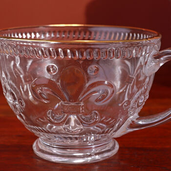 G Decor Set Of Four Marcelle Fleur De Lis Glass Mugs Embossed Cups With Gold Rim, 3 of 4