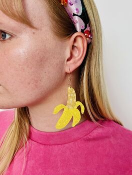 Split Banana Glitter Earrings / Go Bananas Gift Funny Best Friend Gift / Retro Pop Art Gift Kitsch Statement / Summer Holiday Accessory Tropical Statement, 6 of 6