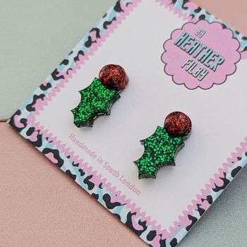 Holly Glitter Christmas Stud Resin Earrings, 4 of 4