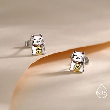 Sterling Silver Japanese Maneki Neko Cat Stud Earrings, 8 of 10