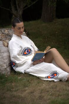 Long Organic Cotton Robe: White With Orange Eye, 3 of 5