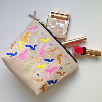 Animal Embroidered Lambs Leather Zipped Make Up Bag, 2 of 7