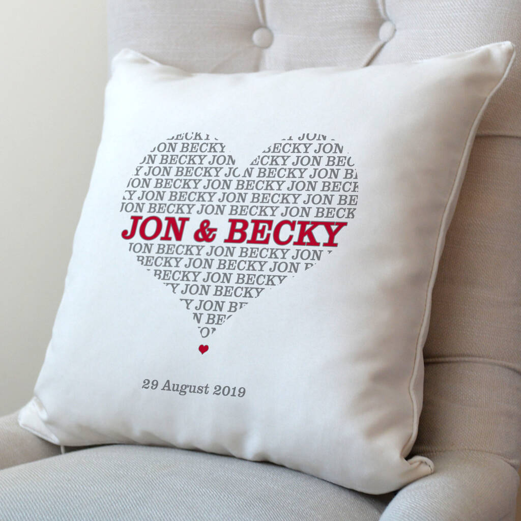 Personalised Names In Heart Cushion By A Type Of Design