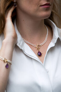 Clara Freshwater Pearl And Amethyst Drop Earrings, 2 of 3