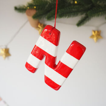 Personalised Handmade Red And White Candy Stripe Clay Hanging Letter, 2 of 4