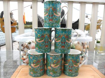 Set Of Six Straight Mugs In Teal Strawberry Thief Design, 7 of 10