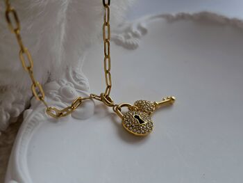 Detachable Cz Lock And Key Charm 18k Gold Pvd Plated Paperclip Dainty Necklace I, 6 of 10