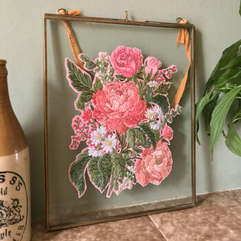 Framed Pink Peony Rose Daisy Embroidered Art, 4 of 6