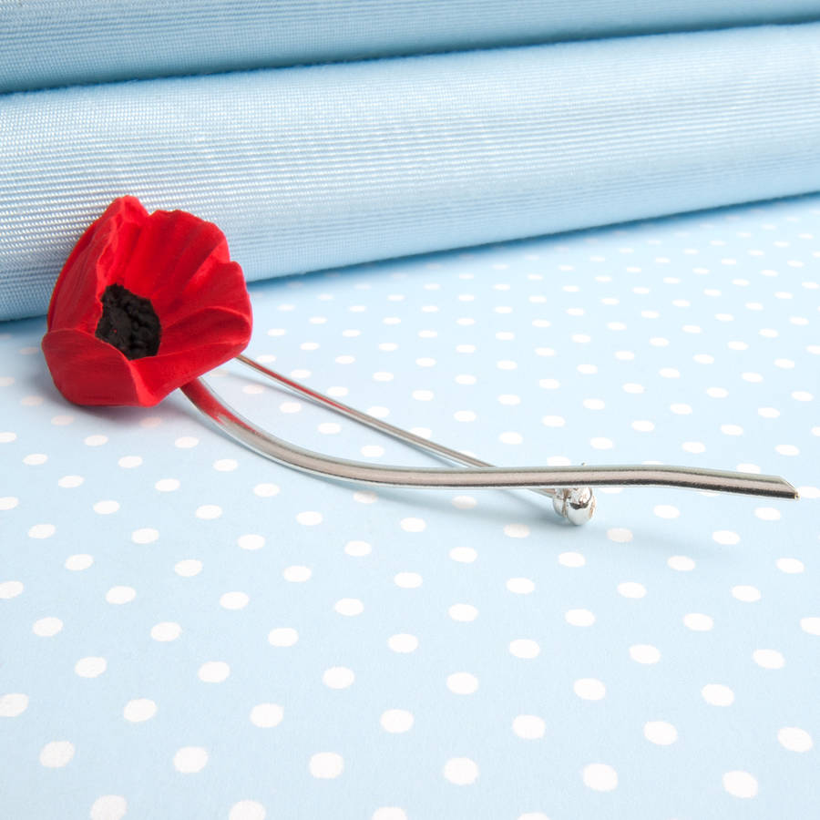 Art Deco Style Poppy With Sterling Silver Stem Brooch, 1 of 4