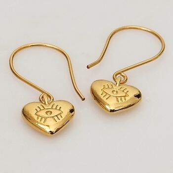 Gold Plated Evil Eye Heart Earrings, 2 of 7
