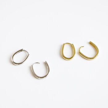 Sterling Silver Minimalist Oval Oblong Hoop Earrings, 5 of 10