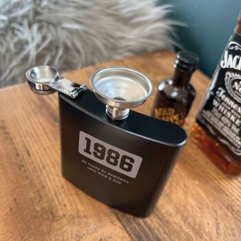 Personalised Engraved Black Metal Hip Flask 6oz For Milestone Birthday / Anniversary, 9 of 11