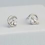 Sterling Silver Cat And Crescent Moon Crystal Stud Earrings, thumbnail 1 of 5
