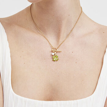 Gold Lucky Clover And Pearl Toggle Necklace, 2 of 8