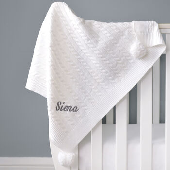 Personalised Cable Knit Pom Pom Blanket White, 2 of 11