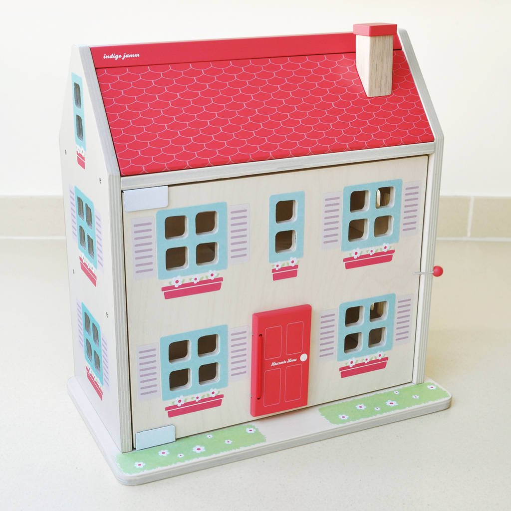 Wooden Dolls House Complete With Family And Furniture