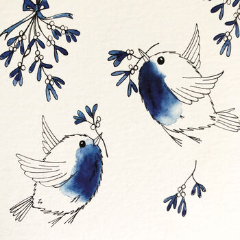 Six Blue And White Inky Robin Christmas Cards, 3 of 7