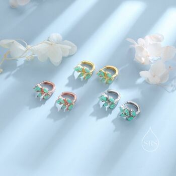 Sterling Silver Green Opal Leaf Huggie Hoop Earrings, 3 of 10