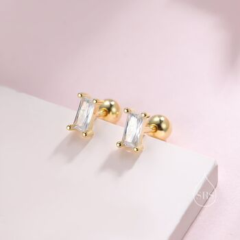 Sterling Silver Tiny Baguette Cz Screwback Earrings, 3 of 9