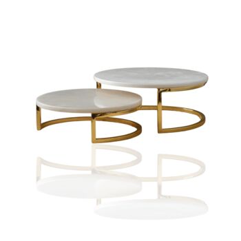 Set Of Two White Marble Serving Stands With Brass Legs, 2 of 2