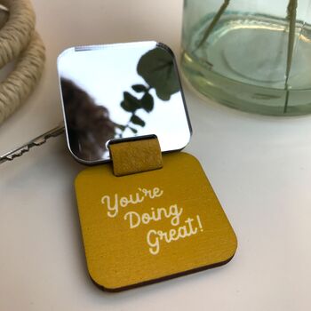 Personalised Yellow Mirror Keyring And Uplifting Note, 2 of 6