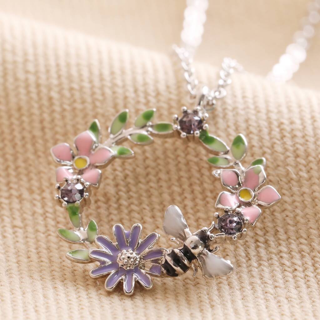 Crystal Flower and Enamel Bee Necklace in Gold