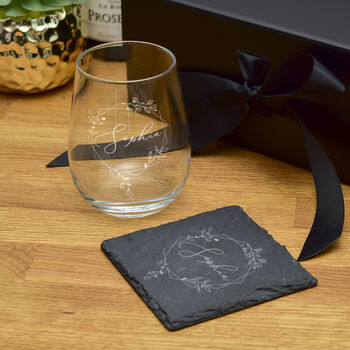 Gift Boxed Floral Frame Stemless Glass And Coaster Set, 2 of 4