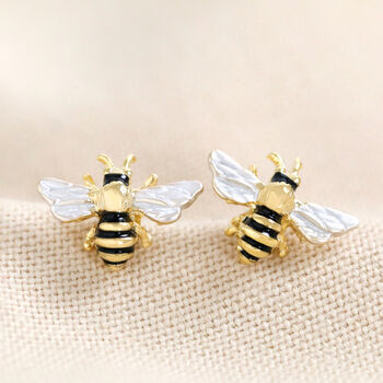 Gold Plated Enamel Bumblebee Stud Earrings By Lisa Angel