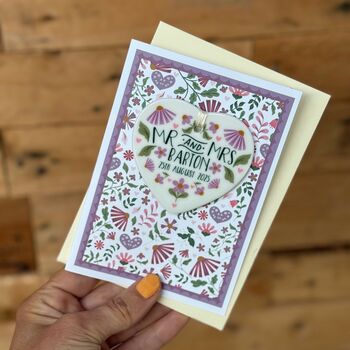 Luxury Lilacs And Purples Folksy Wedding Card With Heart Keepsake, 2 of 3
