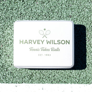 Personalised Tennis Tin With Hip Flask Gift For Him, 4 of 8