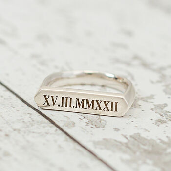 Roman Numerals Bar Silver Signet Ring, 3 of 10