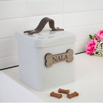 Personalised Farmhouse Pet Treat Tin With Walnut Nameplate, 5 of 9