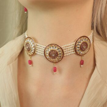 Red Round Kundan Ethnic Pearl Bridal Choker Set, 2 of 11