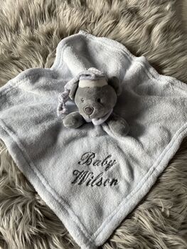 Embroidered Blue And Grey Baby Bear Comforter, 2 of 6