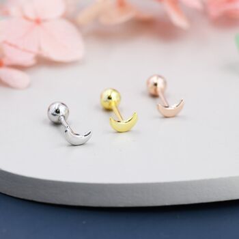 Sterling Silver Tiny Crescent Moon Barbell Earrings, 4 of 11
