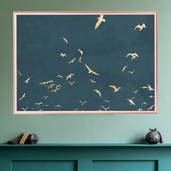 Landscape Gold Silhouette Birds Flying Turquoise Print, 3 of 5