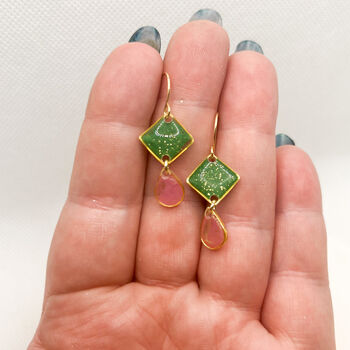 Green And Pink Geometric, Dainty Drop Earrings, 2 of 9